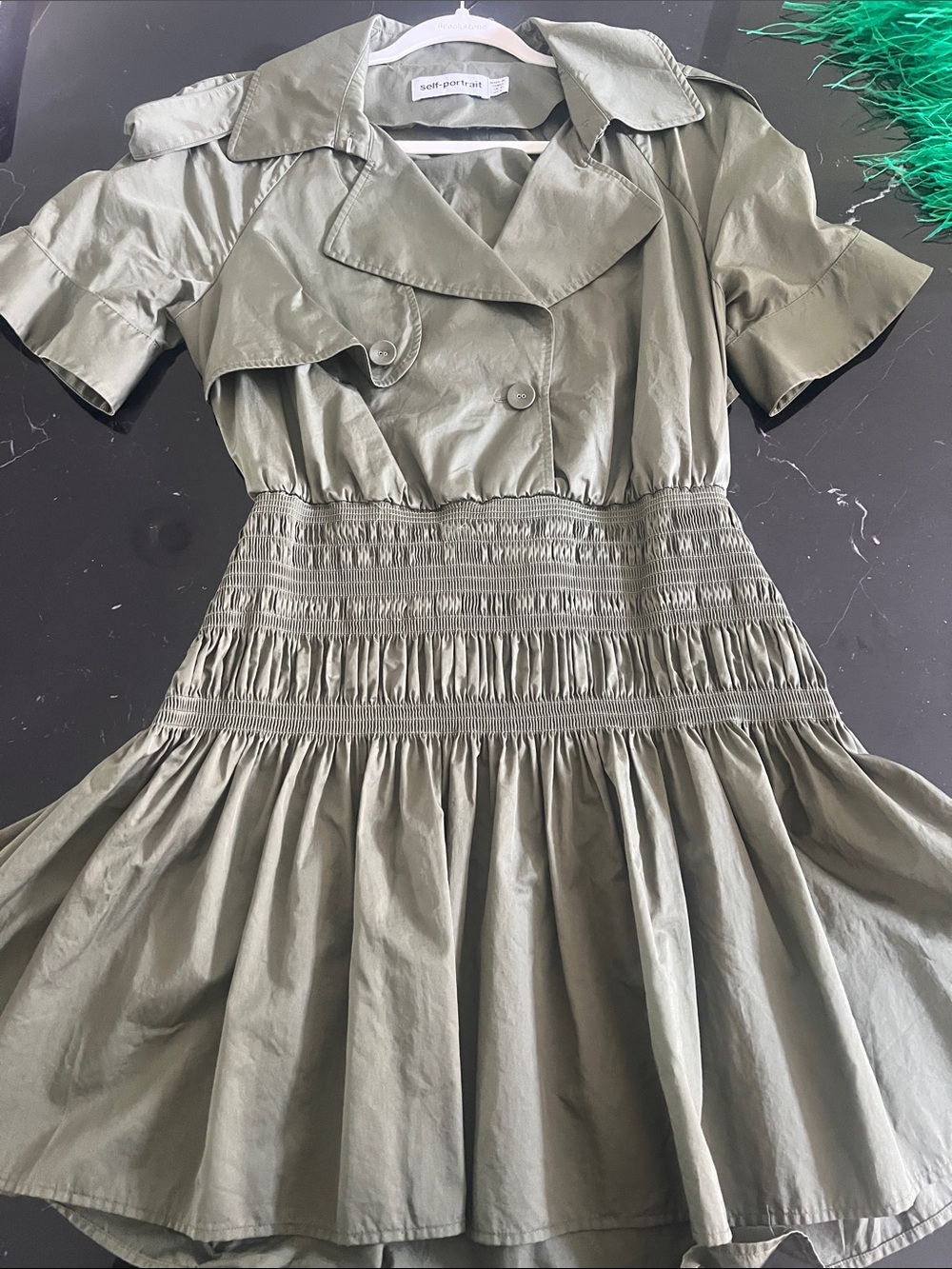 Self-Portrait Olive Mini Shirred-Waist Shirt Dress